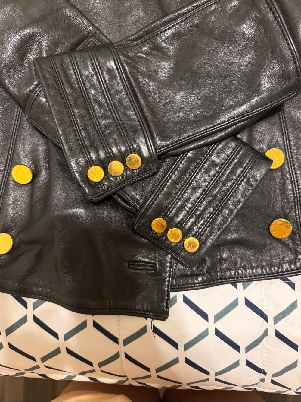 Tory Burch Black Leather Military Jacket with Yellow Button Accents - Picture 2 of 3